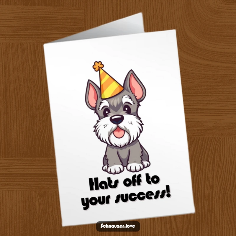 Funny Free Printable Congratulations Card: A Schnauzer sports a party hat, head tilted, ready to celebrate. Joyful downloadable art.