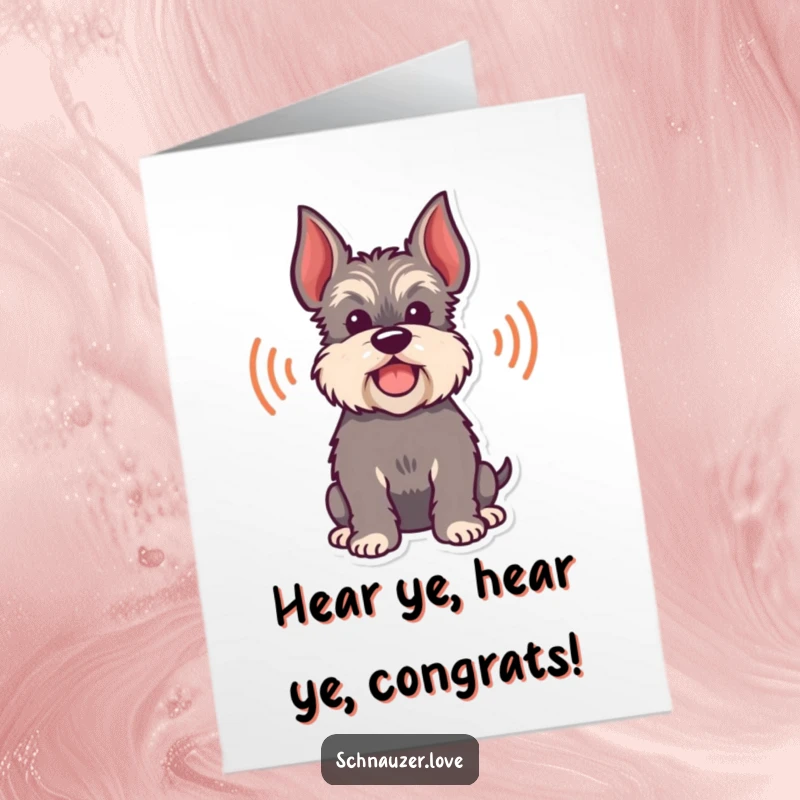Funny Free Printable Congratulations Card showing a happy schnauzer silhouette with radiating sound waves for a bark.