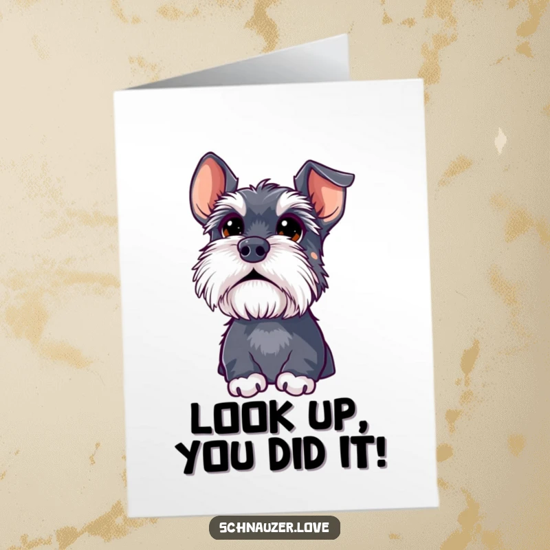 Funny Free Printable Congratulations Card: A schnauzer with large, expressive eyes looks upwards in wonder.
