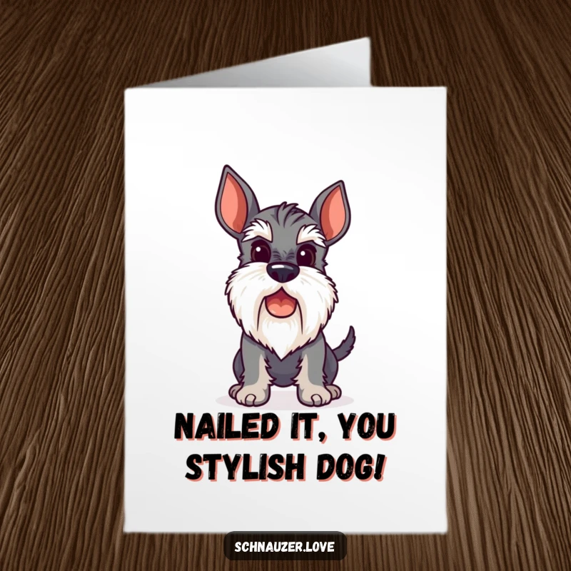 Funny Free Printable Congratulations Card showing a stylized schnauzer with a perky beard, its tail a blur of motion.