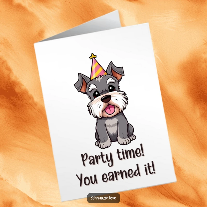 Free Printable Congratulations Card: A schnauzer character wearing a celebratory party hat tilts its head, exuding festive joy.