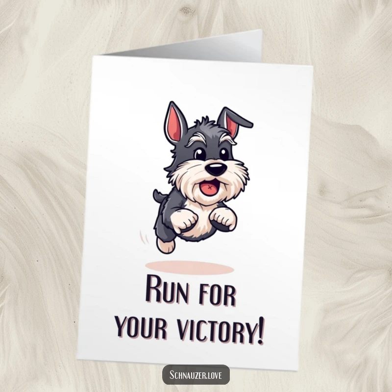 Funny Free Printable Congratulations Card: An energetic schnauzer runs joyfully with a ball, celebrating their amazing achievement.
