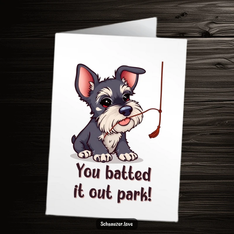 Funny Free Printable Schnauzer Congratulations Card: Schnauzer with oversized ears batting at a string.