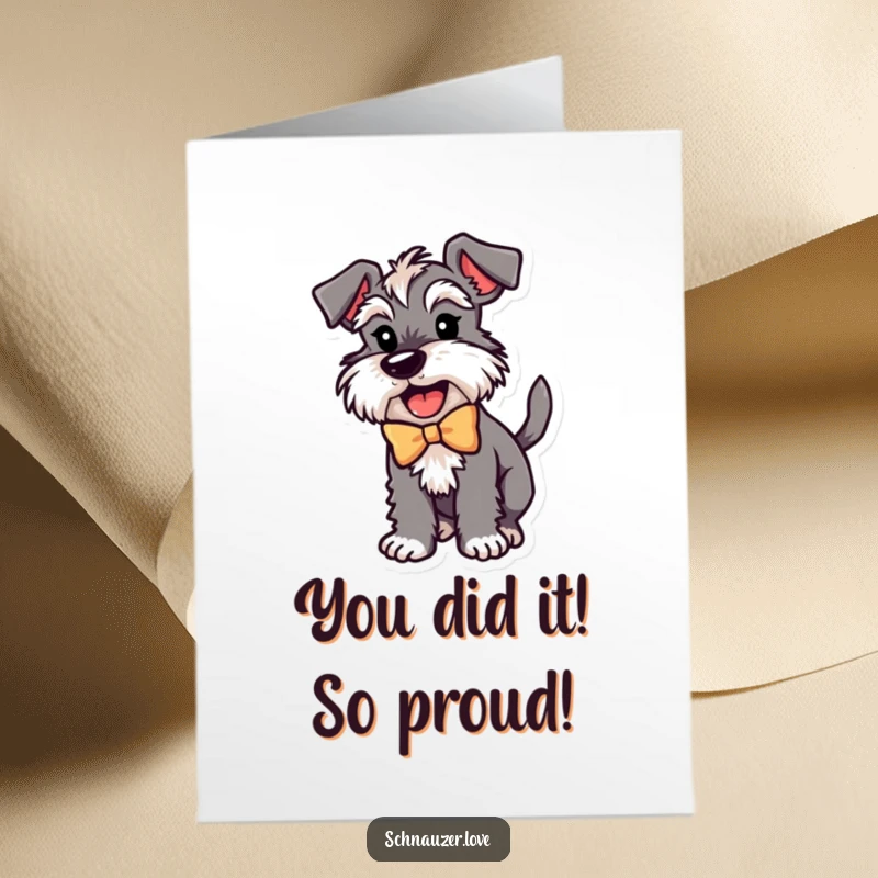 Funny Free Printable Congrats Card: Excited schnauzer in a bow, tail wagging victoriously for your success.