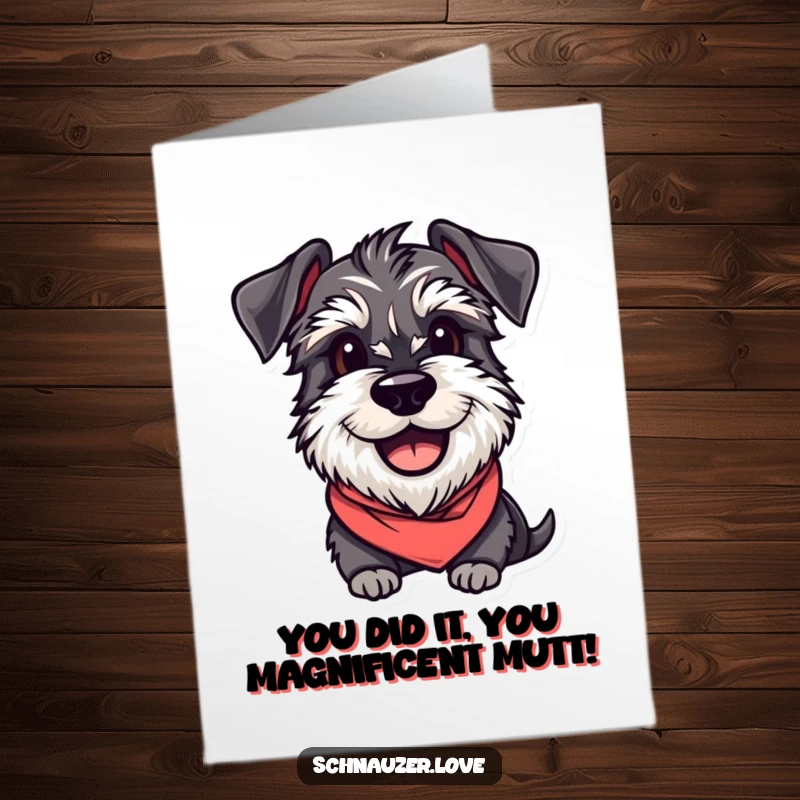 Funny Free Printable Schnauzer Congratulations Card: Eager dog in bandana celebrating, ideal for any achievement.