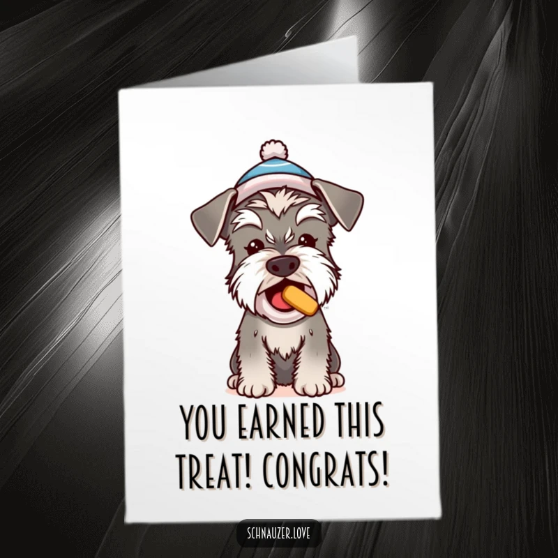 Funny Free Printable Congratulations Card: A cheerful Schnauzer in a tiny hat begging, celebrating success.