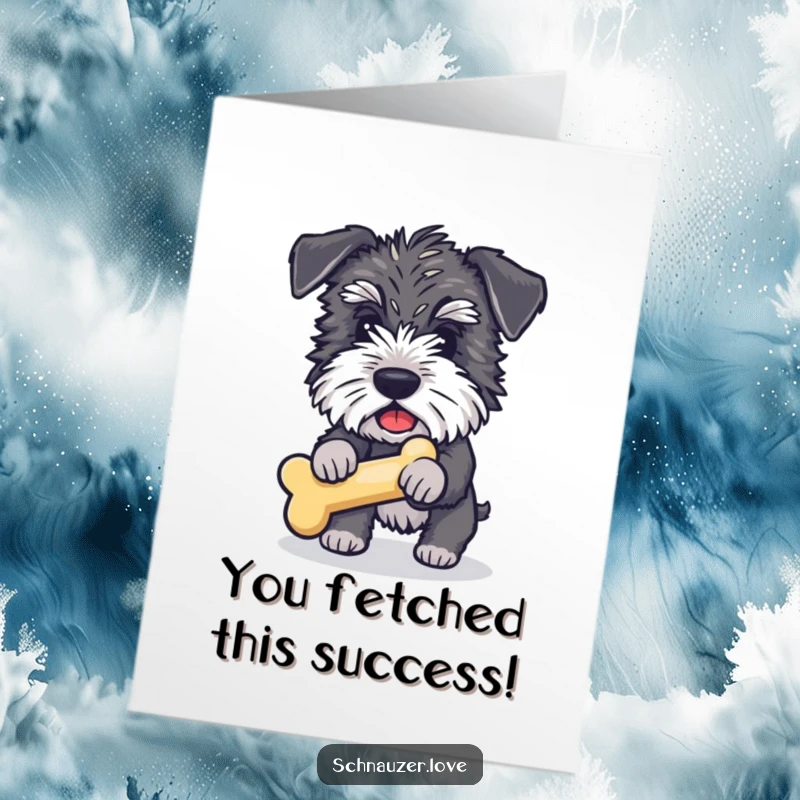 Funny Free Printable Schnauzer Congratulations Card: Happy dog joyfully fetching a bone-shaped squeaky toy.