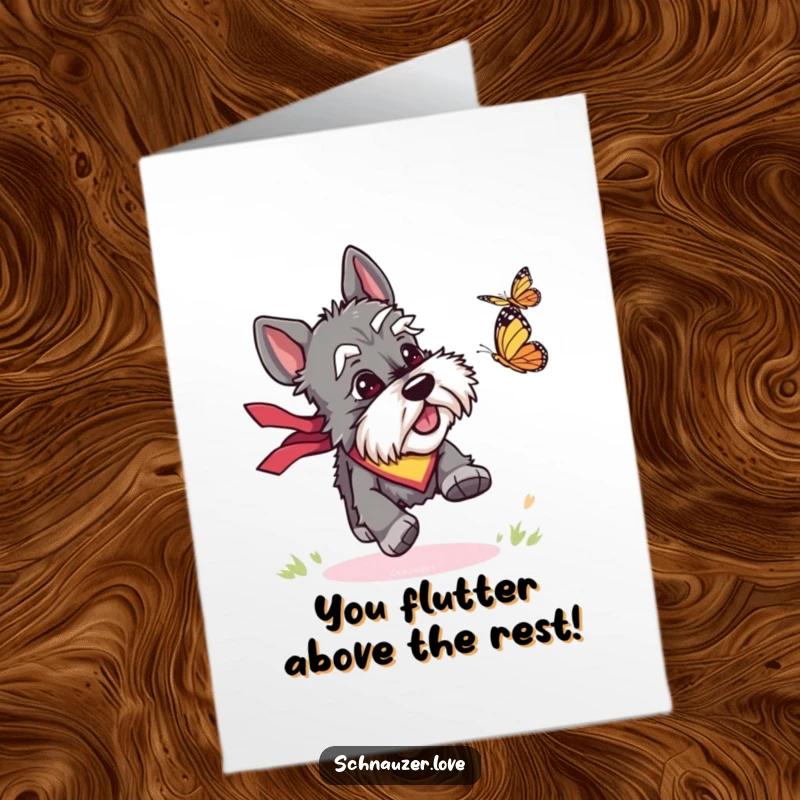 Funny Free Printable Congratulations Card: A spirited schnauzer in a bandana enthusiastically pursues a butterfly, a happy DIY congrats gift.