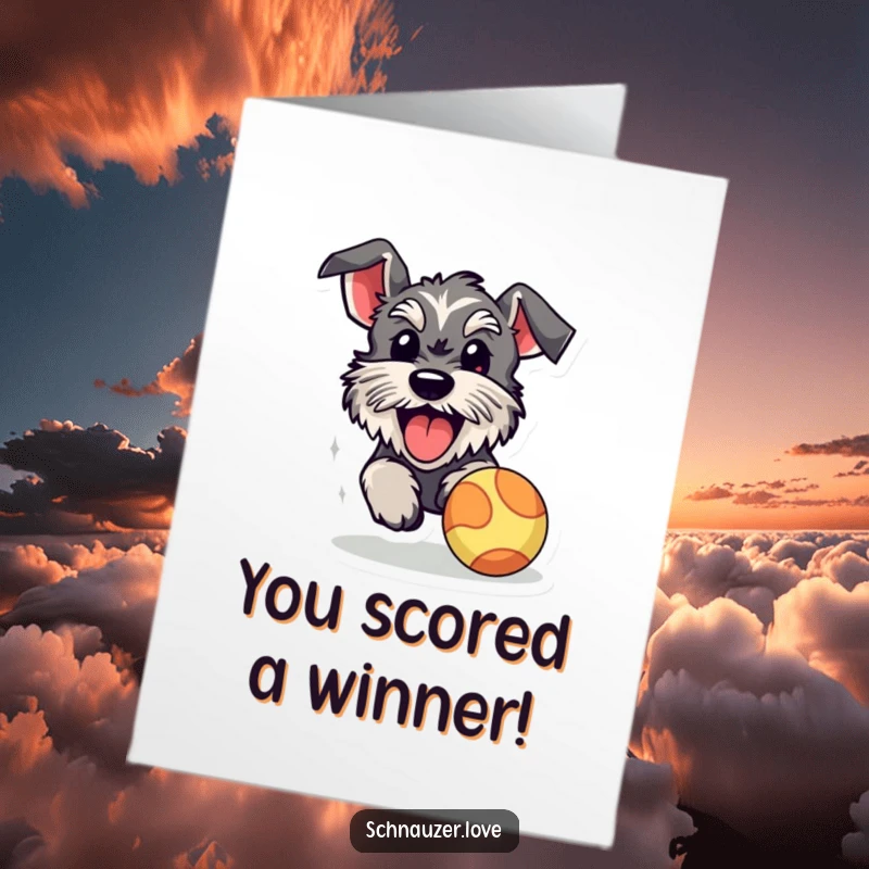 Funny Free Printable Congratulations Card: A happy schnauzer, tongue lolling, enthusiastically chases a bouncy ball.