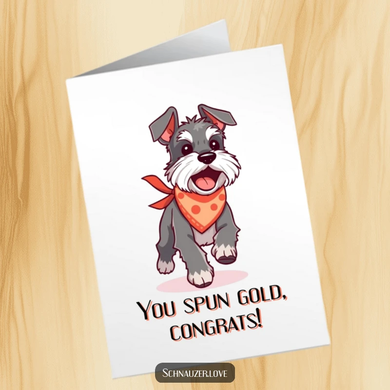 Funny Free Printable Congratulations Card: Silly Schnauzer wearing a bandana, chasing its tail excitedly, full of playful energy.