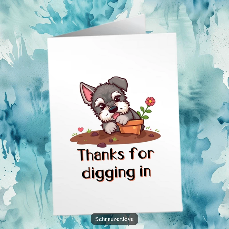 Funny Free Printable Thank You Card: A mischievous schnauzer digs playfully in a flower pot, looking impish.