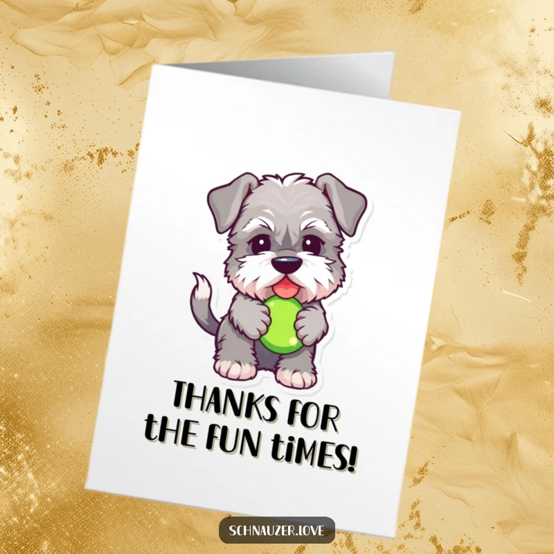 Funny Free Printable Thank You Card, featuring a happy Schnauzer holding a squeaky toy, conveying sincere thanks.