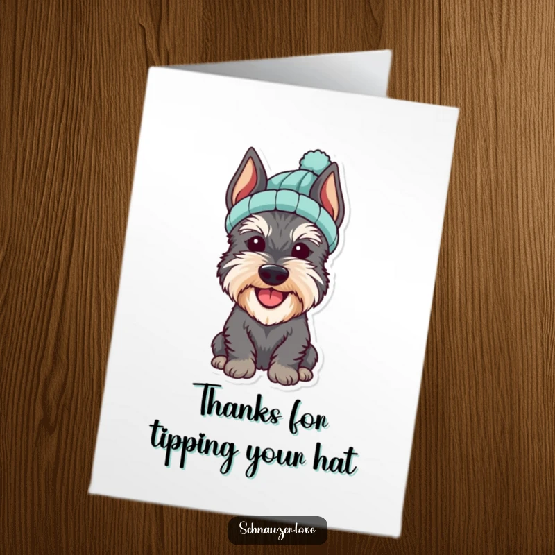 Funny Free Printable thank you card: A cheerful schnauzer looking absolutely charming while wearing a small, cozy knitted hat.