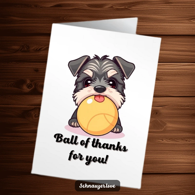 Funny Free Printable Thank You Card: Curious Schnauzer peeking over a ball, tongue out, conveying thanks playfully.