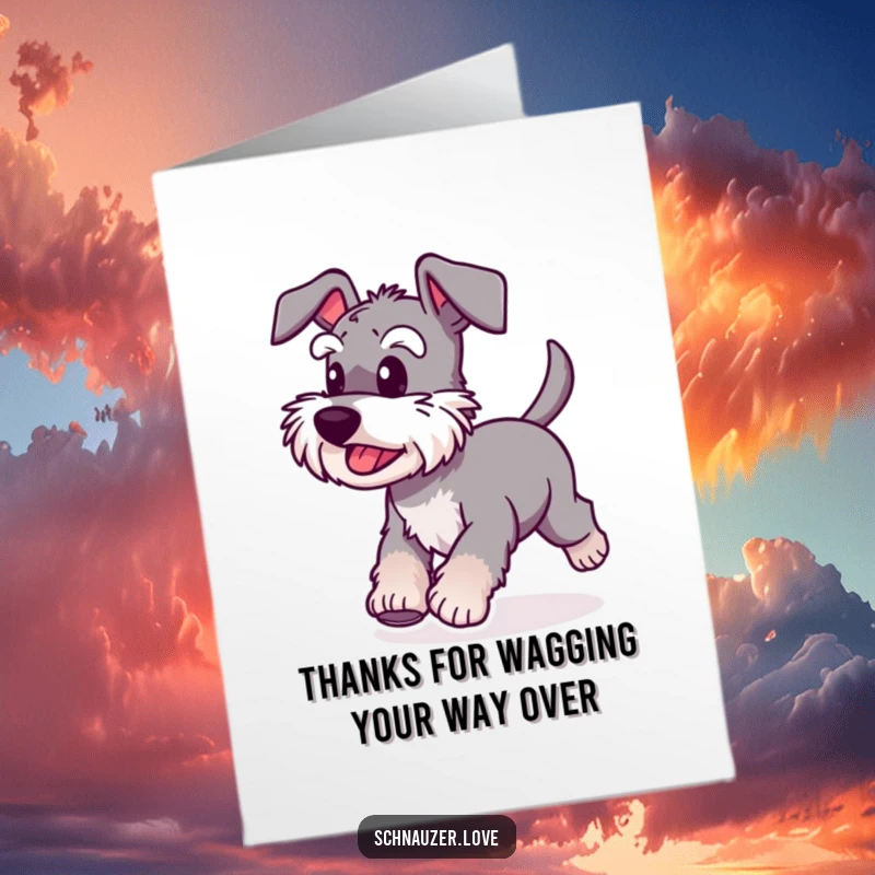 Funny Free Printable thank you card: A happy schnauzer with a blurred, wagging tail, running joyfully towards the recipient.