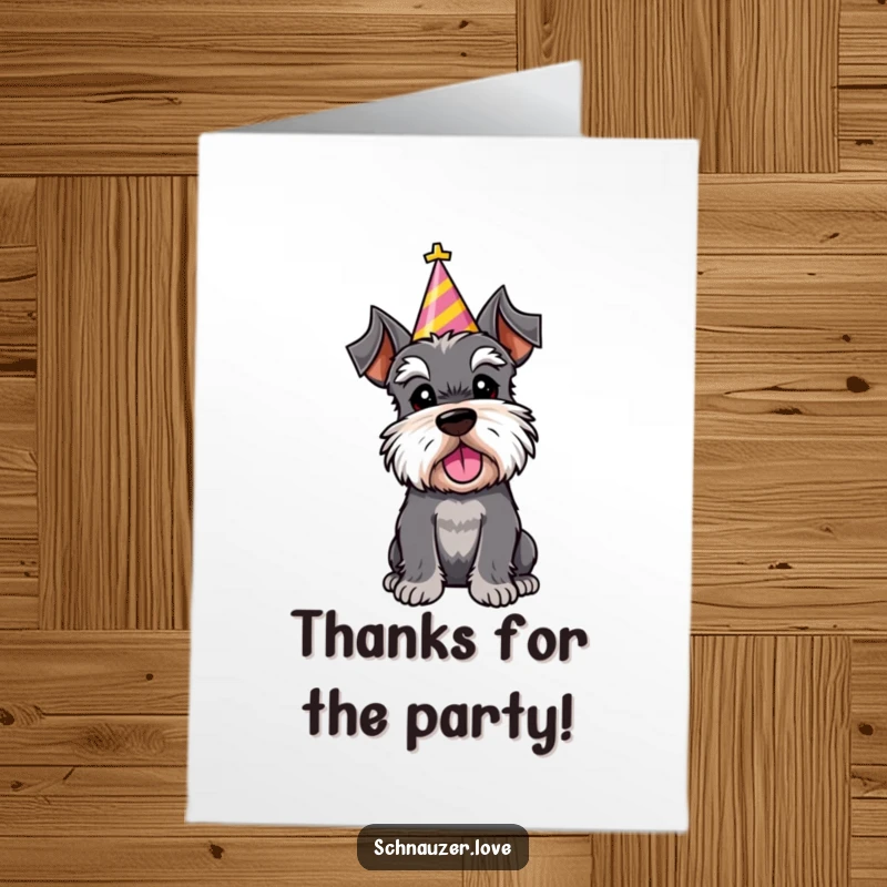 Free Printable Thank You Card: A schnauzer character with a celebratory party hat tilts its head, expressing thanks cheerfully.