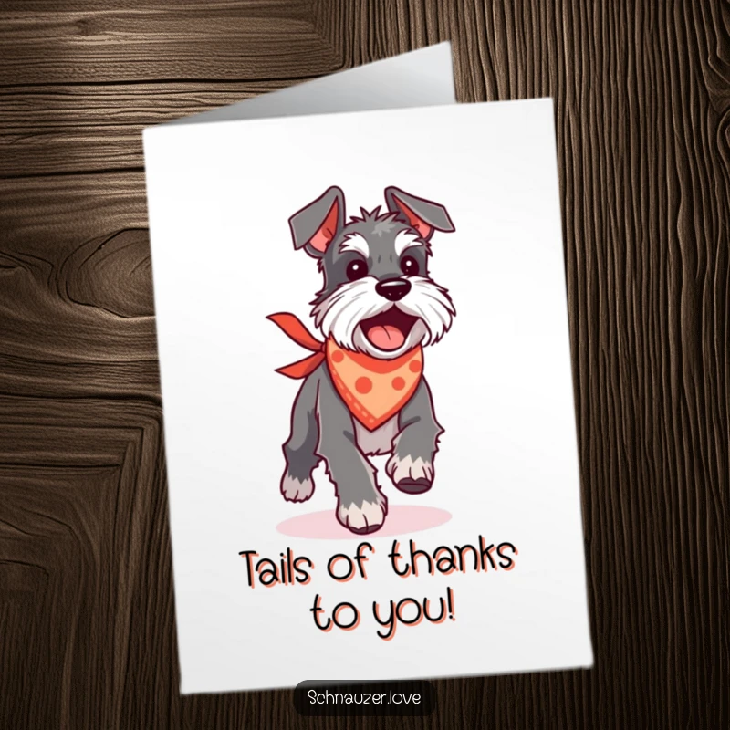 Funny Free Printable Thank You Card: Silly Schnauzer in a bandana, chasing its tail, conveying thanks with humor.
