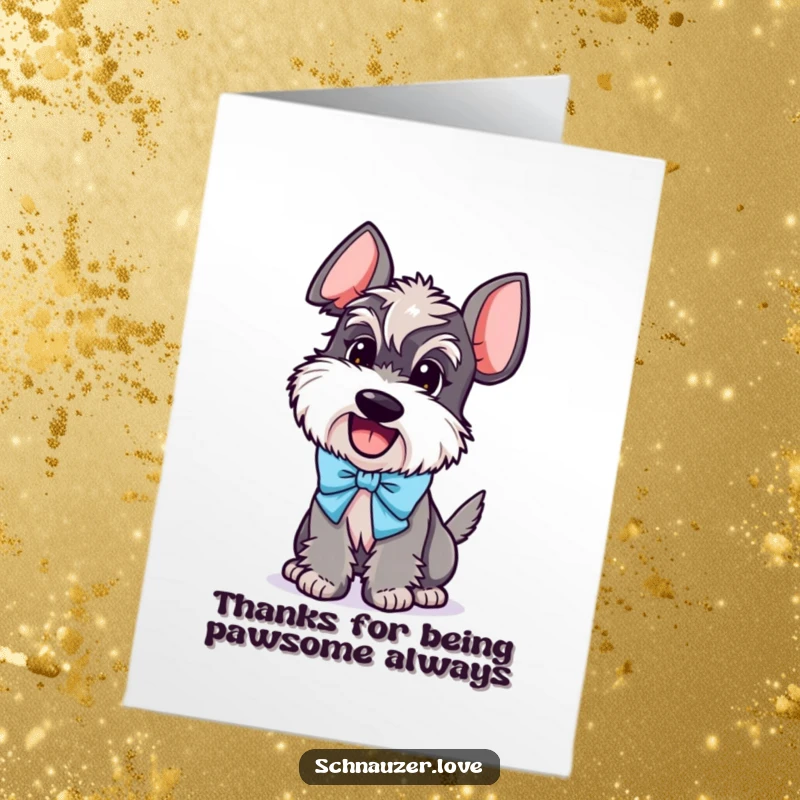 Funny Free Printable Schnauzer Thank You Card: Happy dog in bow wags tail, sending thanks.