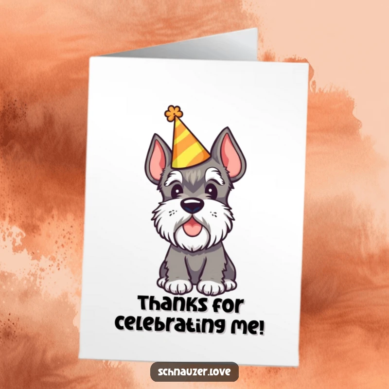 Funny Free Printable Thank You Card: A Schnauzer in a party hat tilts its head inquisitively. Cute and festive art.
