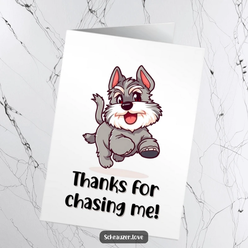 Funny free printable thank you card featuring a fluffy schnauzer joyfully chasing its tail in a comical loop.