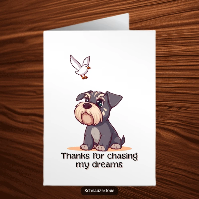Funny Free Printable Schnauzer Thank You Card: A schnauzer with wide, curious eyes looks up at a bird in flight.