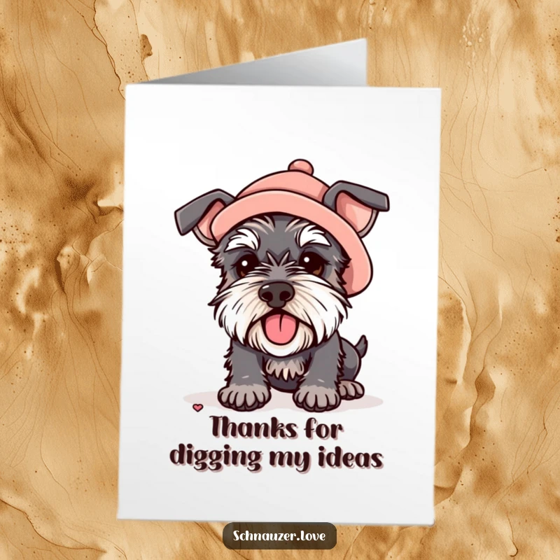 Funny Free Printable Thank You Card: A schnauzer sporting a small hat digs enthusiastically, a comical DIY thank you gift.