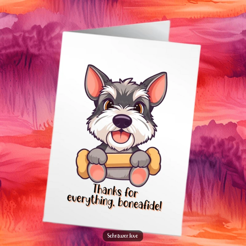 Funny Free Printable Thank You Card: a happy Schnauzer holds a bone, looking up gratefully for your kindness.
