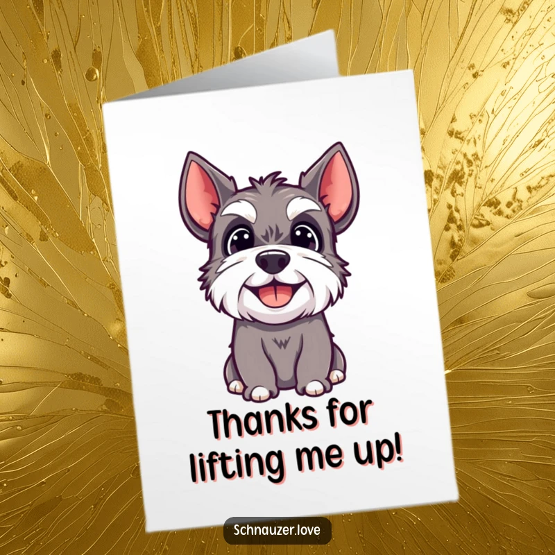 Funny Free Printable Thank You Card: A schnauzer with a happy expression looking up gratefully.