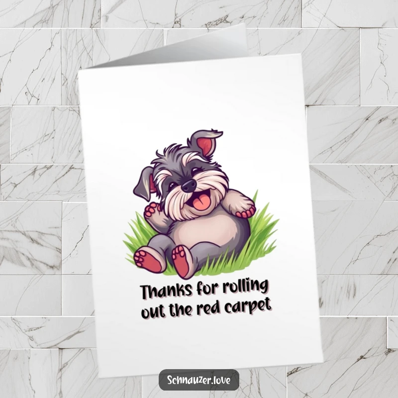 Funny Free Printable thank you card: A delighted schnauzer rolling on its back in grass, expressing pure, unbridled thanks.