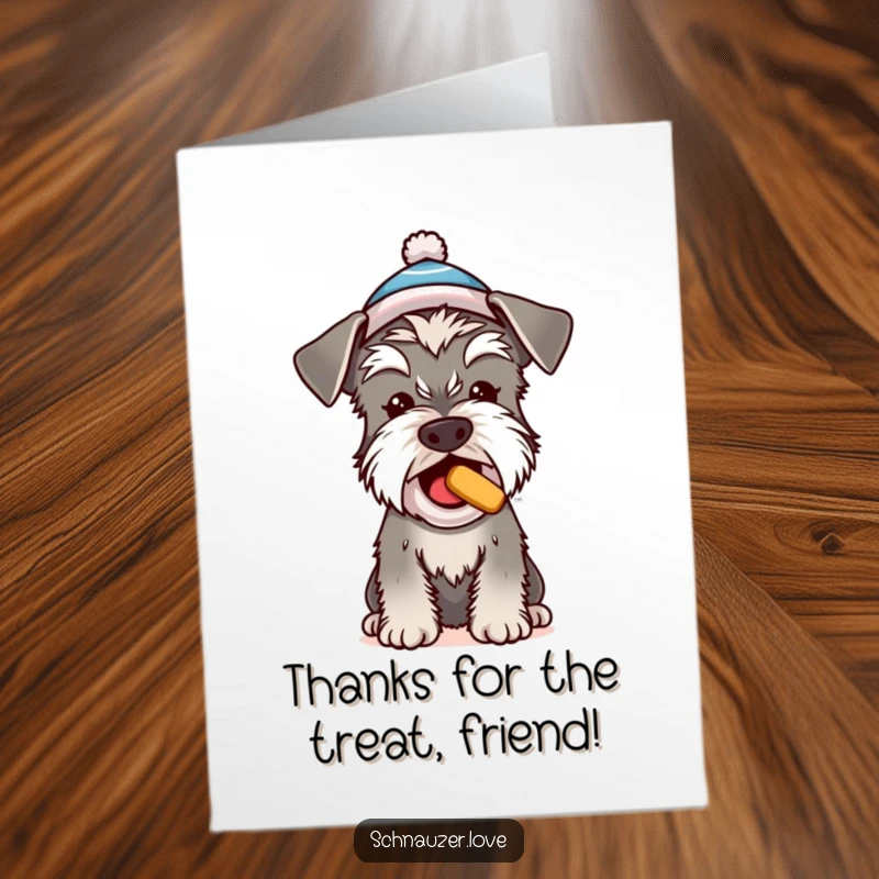 Funny Free Printable Thank You Card: A cheerful Schnauzer wearing a hat begs for a treat as thanks.