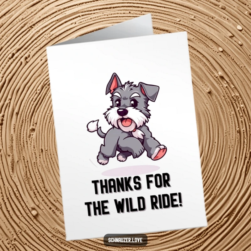 Funny Free Printable Thank You Card: a playful Schnauzer chases its tail in a circle, sending thanks with energy.