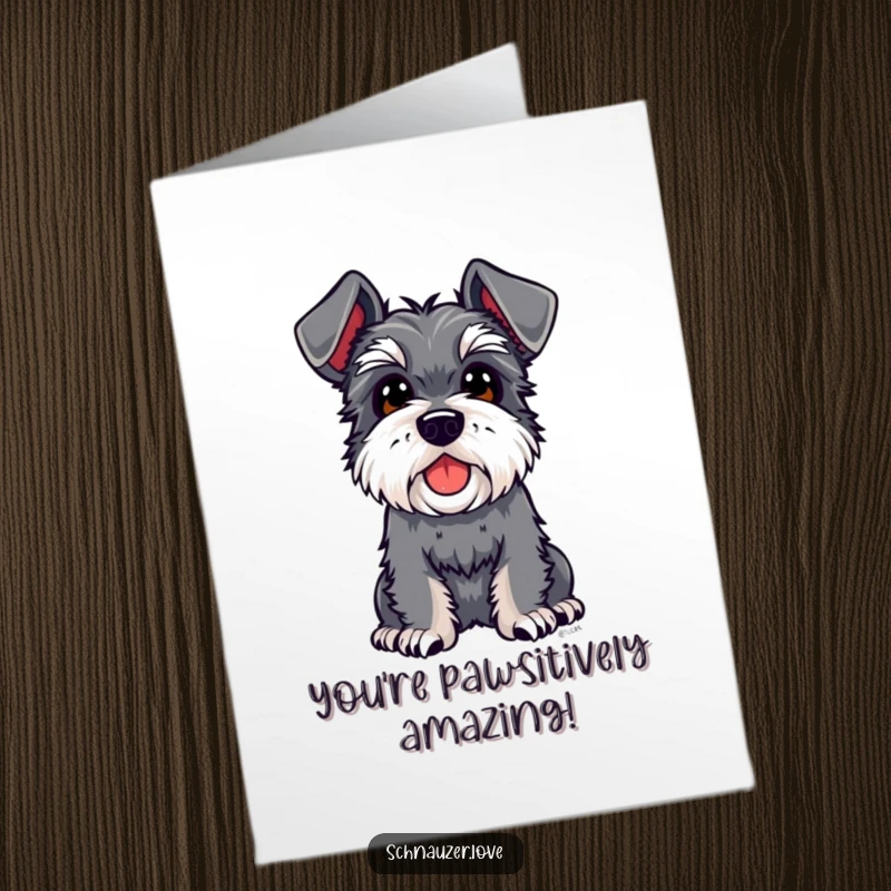 Funny Free Printable Schnauzer Thank You Card: Curious schnauzer with floppy ears looking up, expressing thanks, downloadable art.