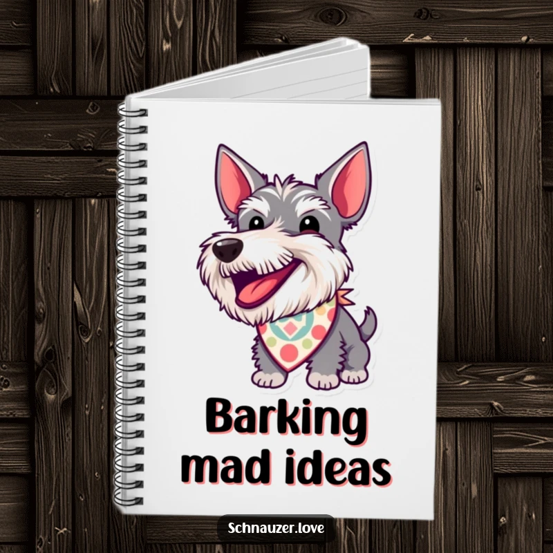 Funny Notebook: A schnauzer with a patterned bandana barks with excitement, perfect for journaling energetic thoughts with canine humor.