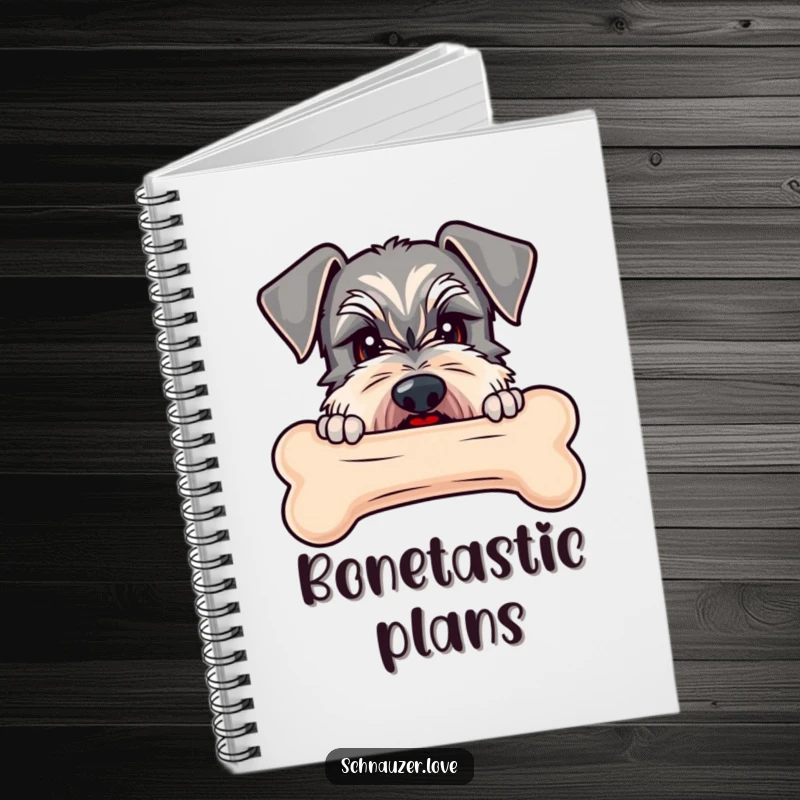 Funny Schnauzer notebook with a schnauzer peeking over a large bone, perfect for jotting down tasty ideas.