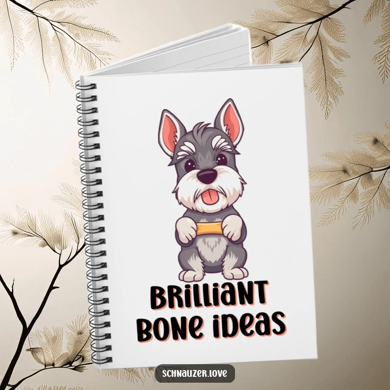 Funny Schnauzer notebook featuring a proud schnauzer holding a bone, perfect for notes and gifts.