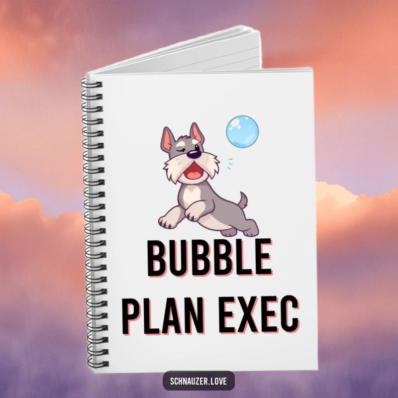 Funny notebook cover featuring a schnauzer dog leaping mid-air to catch a floating bubble.