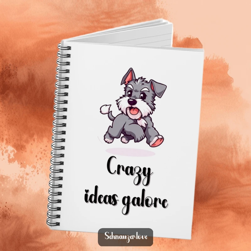 Funny Schnauzer notebook featuring a playful dog chasing its tail, ideal for note-taking with a touch of canine energy and humor.