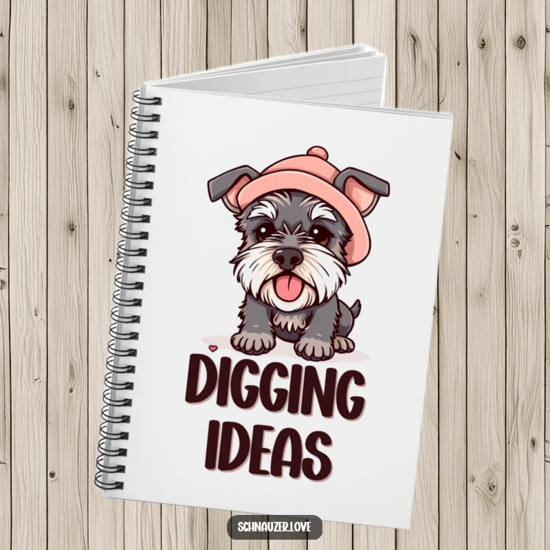 Funny notebook cover depicting a schnauzer in a tiny hat digging enthusiastically, designed to inspire creativity and playful note-taking.