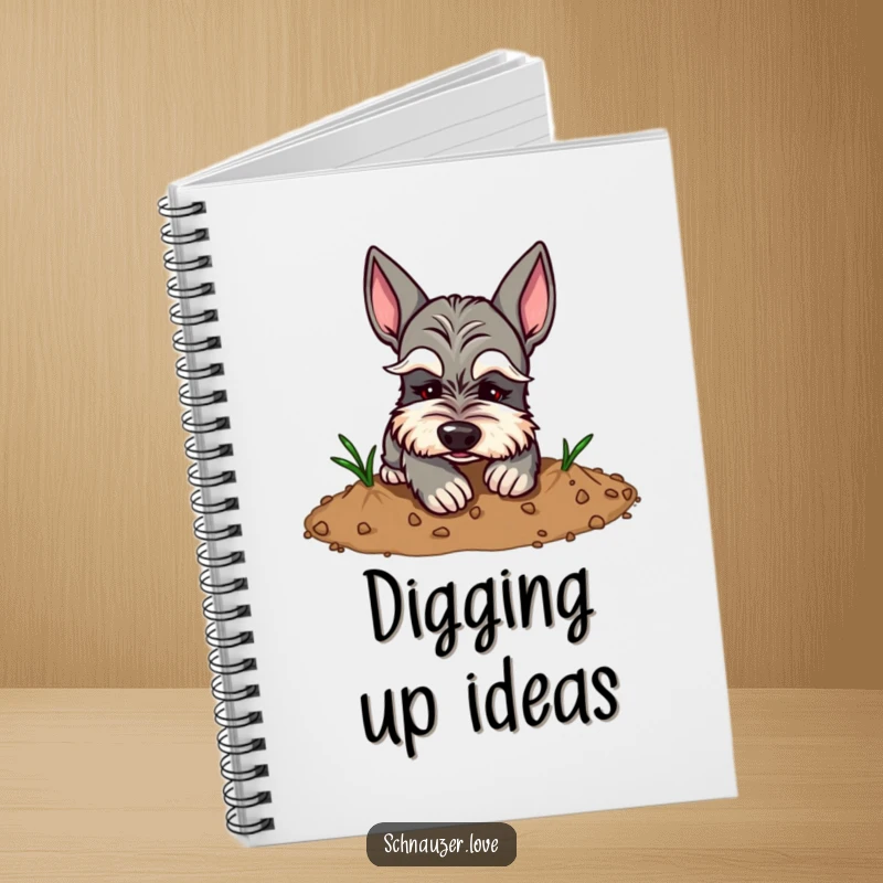 Funny Schnauzer Notebook: Schnauzer with exaggerated eyebrows digging dirt, symbolizing creative exploration and humor.