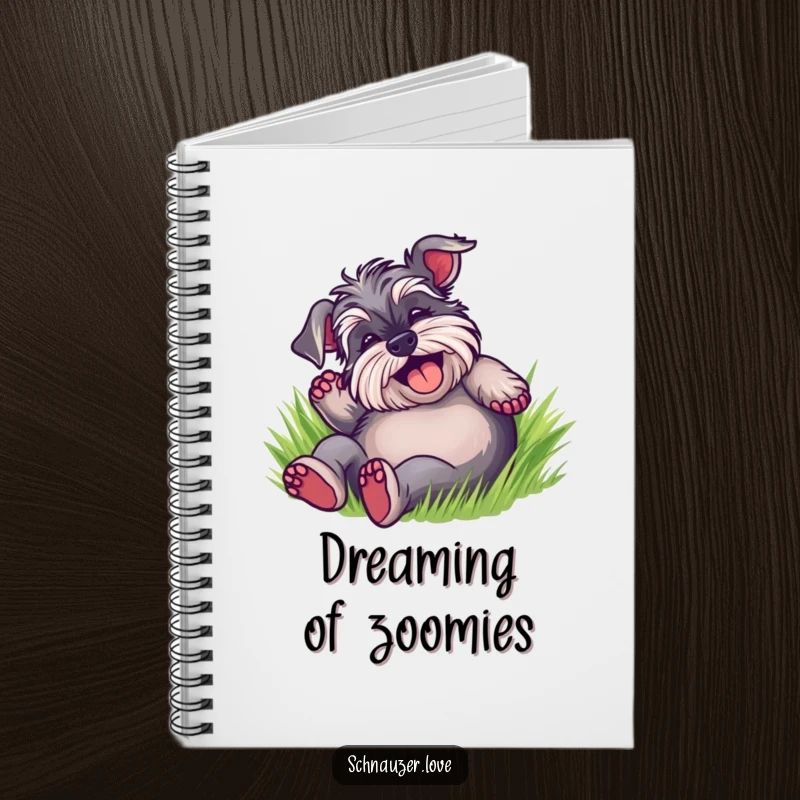 Funny Schnauzer Notebook cover with a happy dog rolling on its back in soft green grass, inspiring joyful notes.