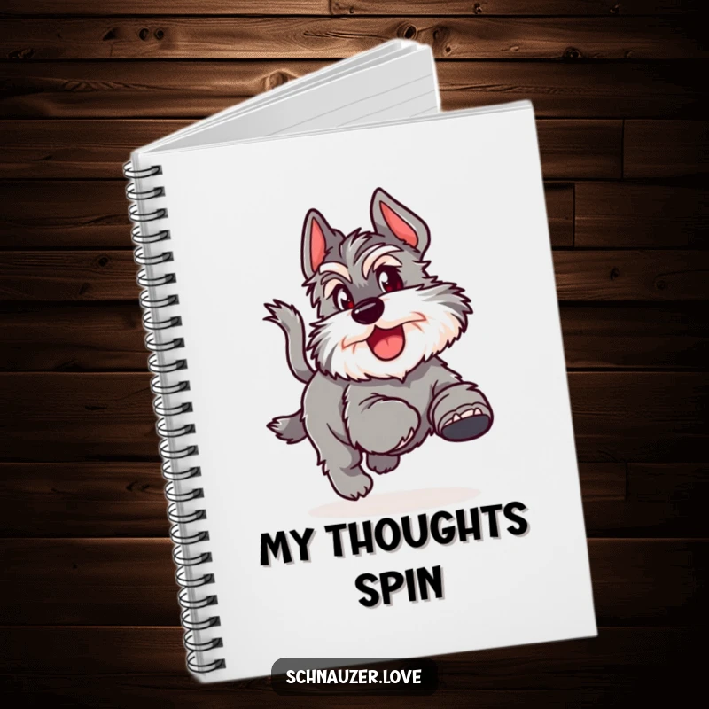 Funny Notebook featuring a fluffy schnauzer joyfully chasing its tail, perfect for jotting down fun and creative ideas.