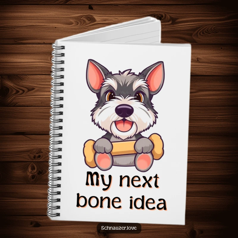 Funny Schnauzer notebook featuring a happy dog holding a bone, looking up expectantly, ideal for note-taking with a touch of canine hope and humor.