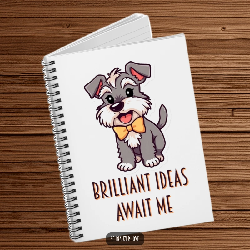 Funny Schnauzer Notebook: Features an excited schnauzer in a bow, wagging its tail, ideal for notes and creative ideas.