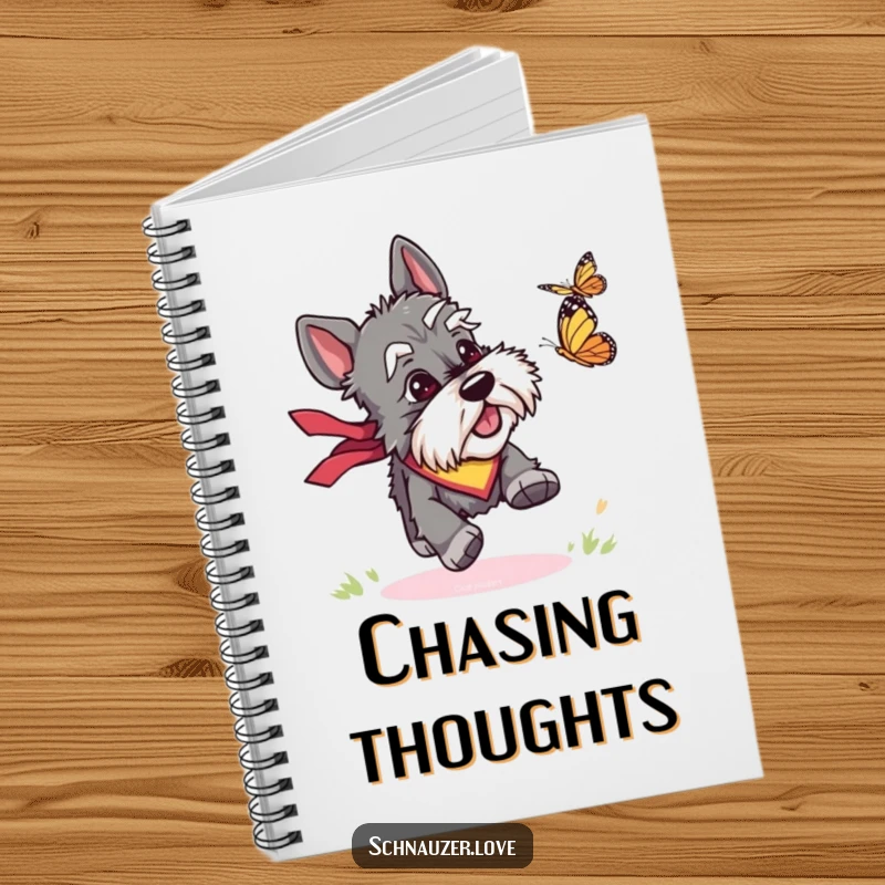 Funny notebook cover depicting a schnauzer in a bandana chasing a butterfly, designed to inspire creativity and playful note-taking.