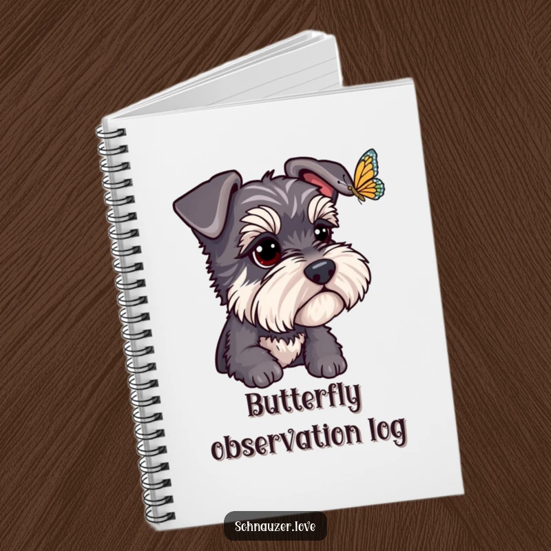 Funny Schnauzer Notebook: A schnauzer intently watches a fluttering butterfly, providing a humorous and inspiring cover for your notes. Great funny gift idea.