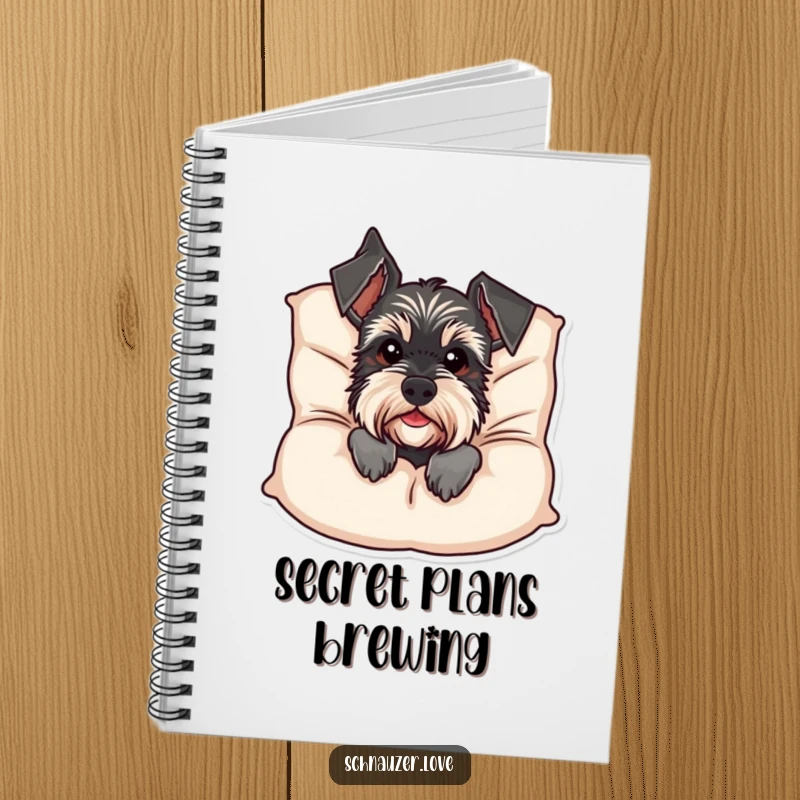 Funny Schnauzer Notebook: A cute schnauzer peeks from behind a cushion, creating a humorous and inspiring cover for your notes and thoughts. Funny gift.