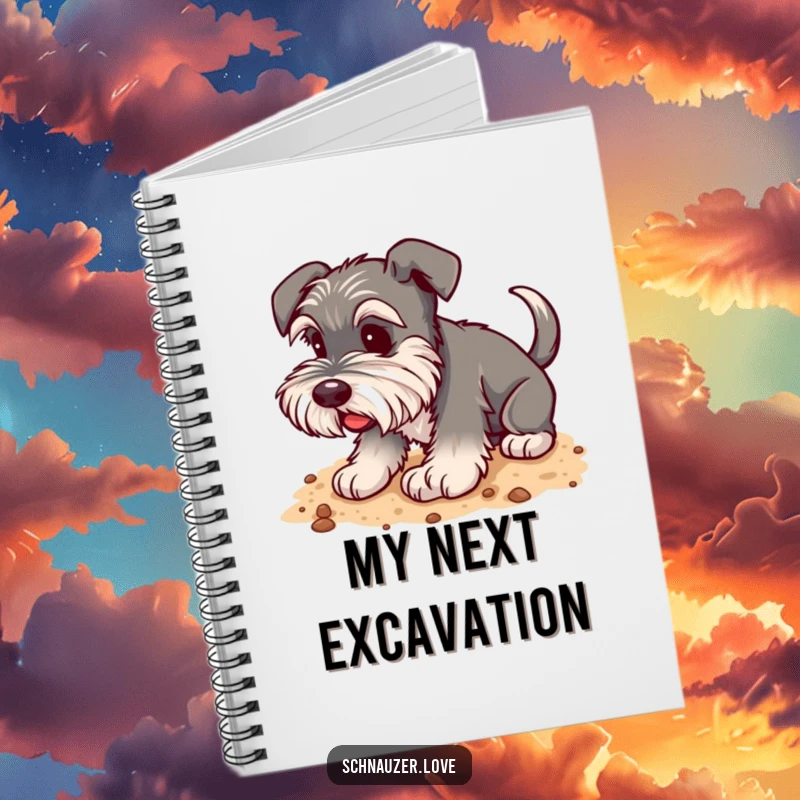 Funny Schnauzer Notebook: A happy schnauzer with a wagging tail digging in soft soil, perfect for notes.