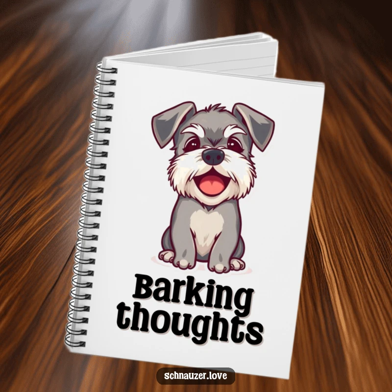 Funny notebook cover depicting a schnauzer with floppy ears barking happily, designed to inspire creativity and joyful note-taking.