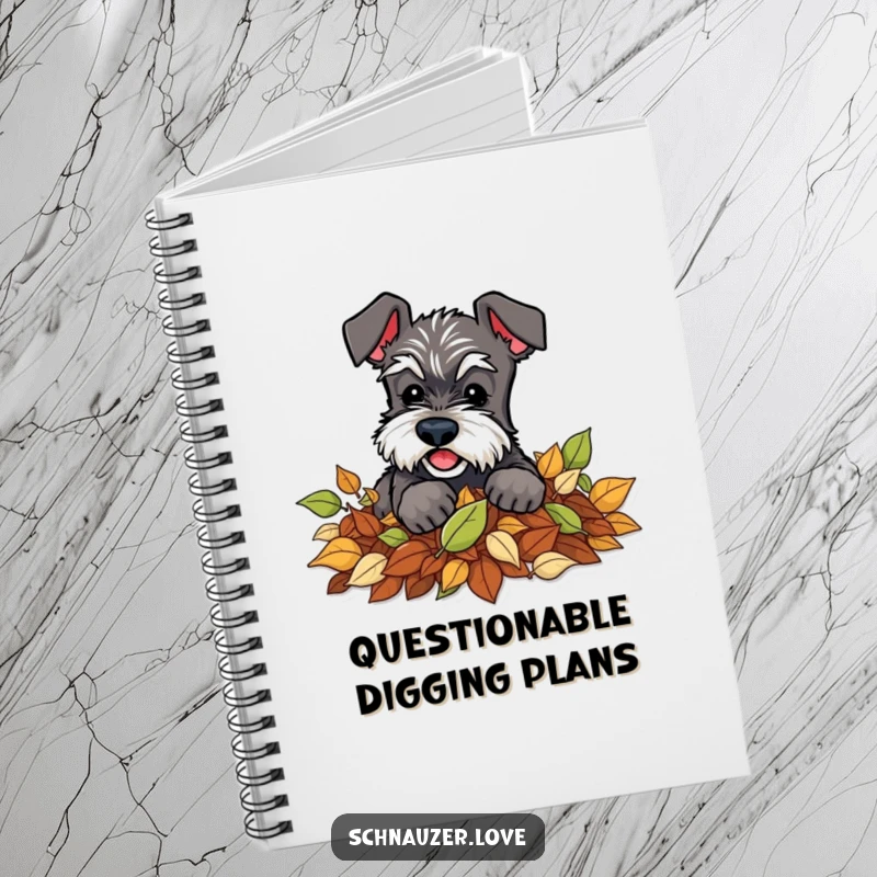 Funny Schnauzer Notebook: Illustrates a schnauzer character playfully digging in a pile of autumn leaves, ideal for journaling.