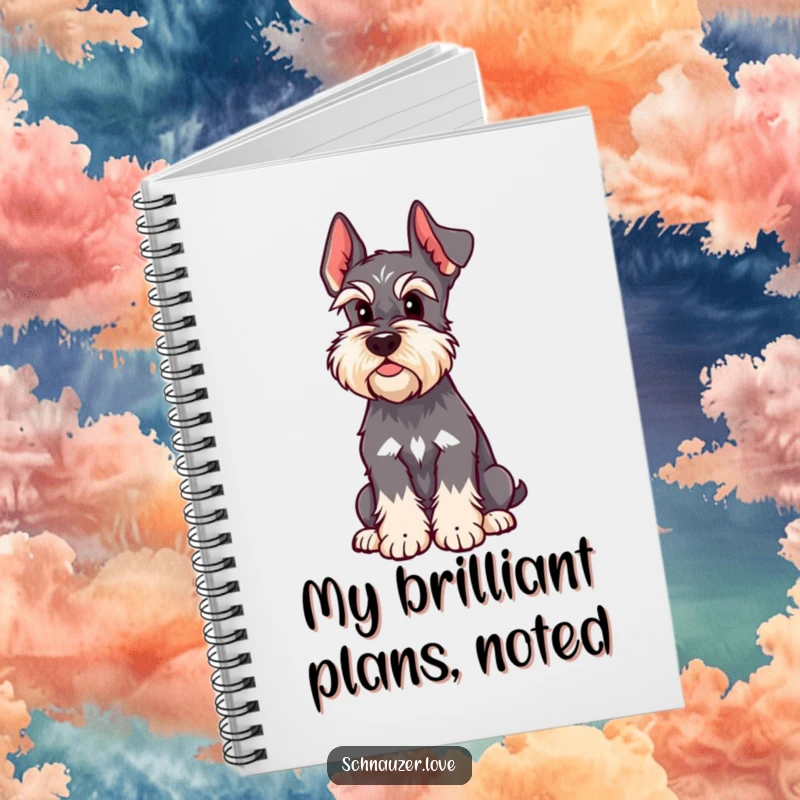Funny Schnauzer Notebook features a dog with an alert, perked ear, ideal for jotting down notes, ideas, or to-do lists with a humorous touch.